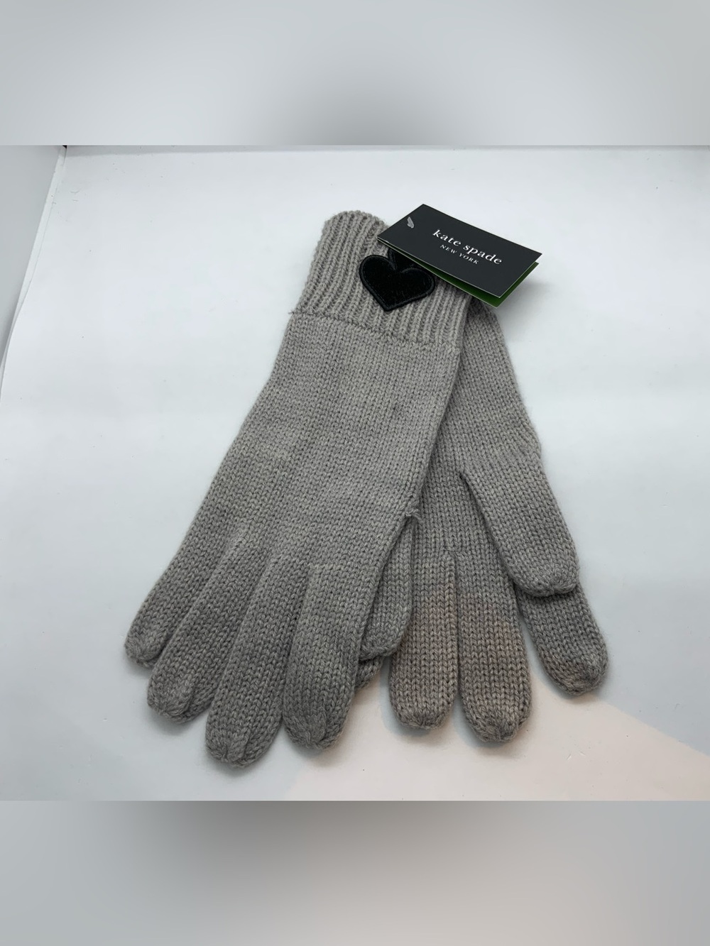 kate spade Light Gray Knit Wool Gloves with Heart Logo Tag